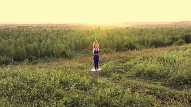 Donna che pratica yoga in un campo al tramonto