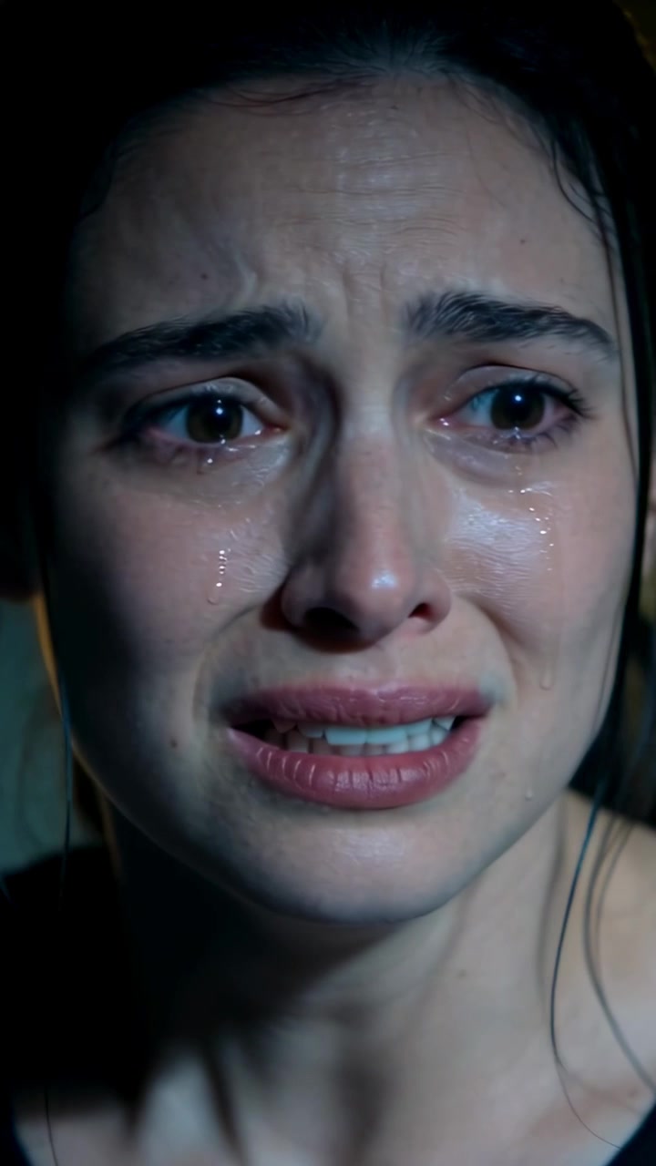 Video vertical: Mujer llorando, conteniendo los sollozos en una habitación con poca luz, con una blusa oscura y rastros de lágrimas.