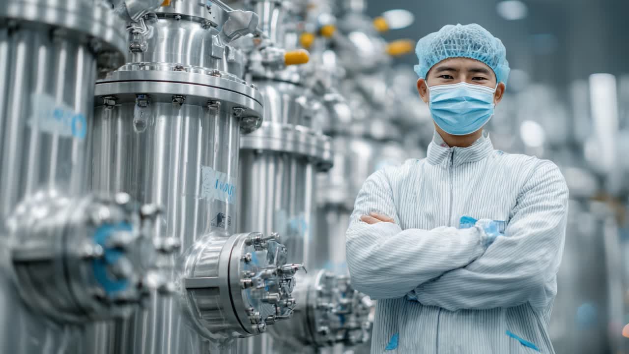 Un técnico especializado con equipo de protección está de pie con seguridad entre maquinaria industrial, destacando la precisión y la seguridad en un entorno de fabricación moderno