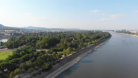 aerial view to danube river and the city park, budapest, hungary