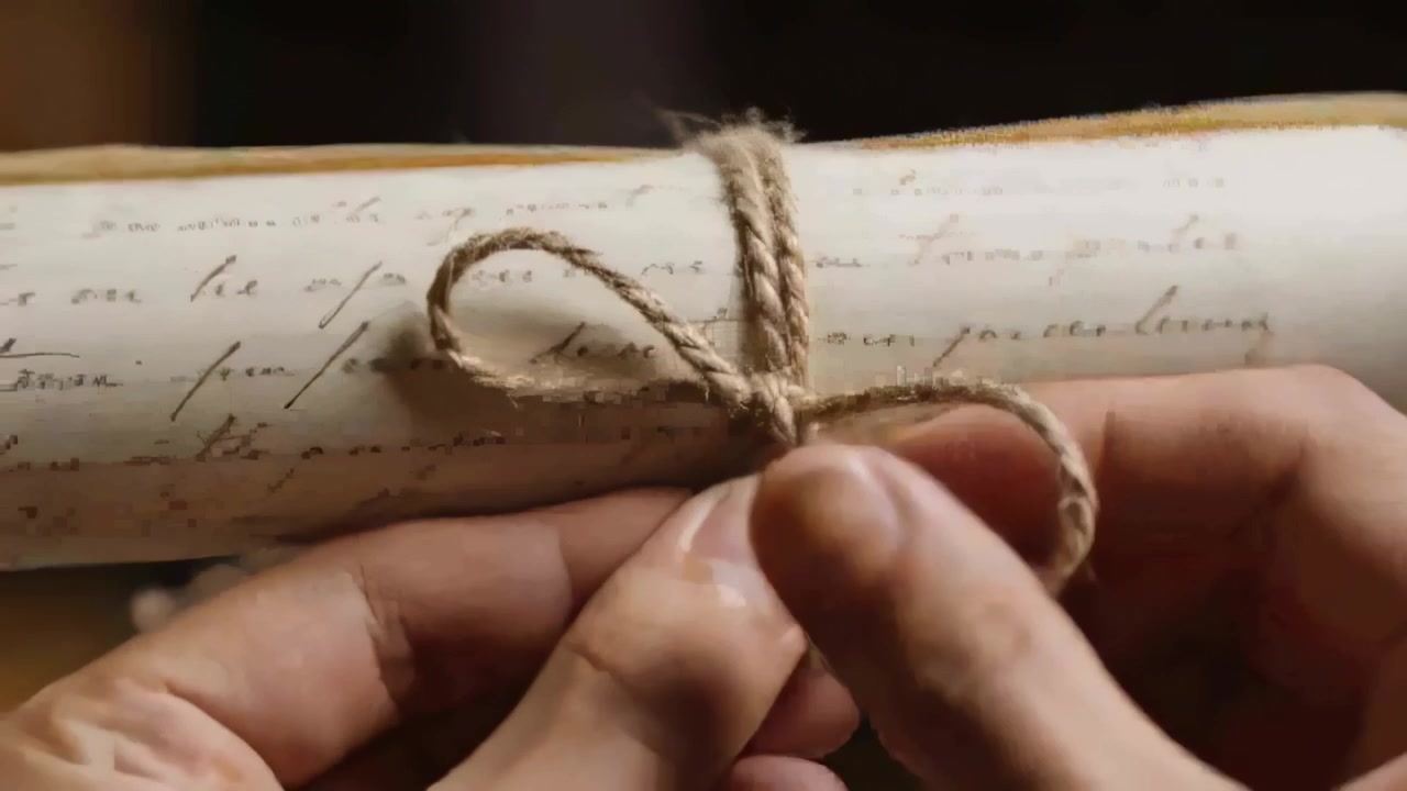 Entering frame hands adjusting jute twine bow on scroll at tabletop, smoothing loops to tidy bow