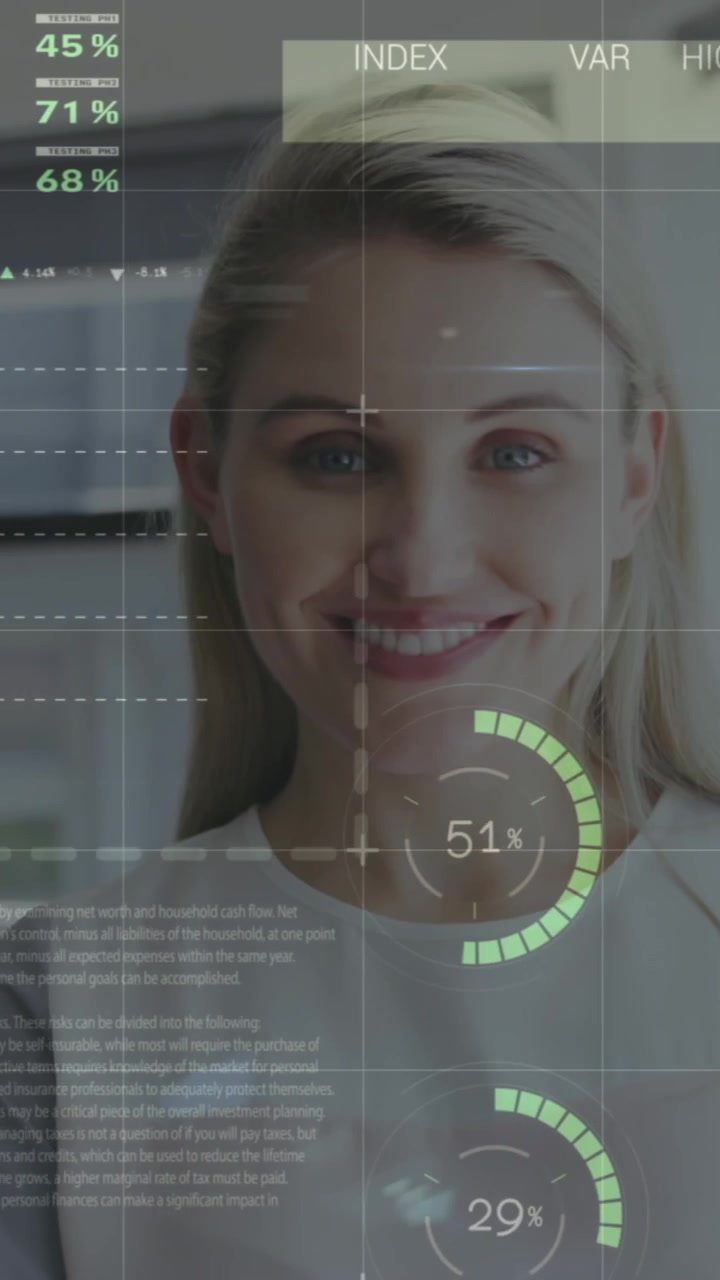 Animation of data processing over caucasian businesswoman smiling