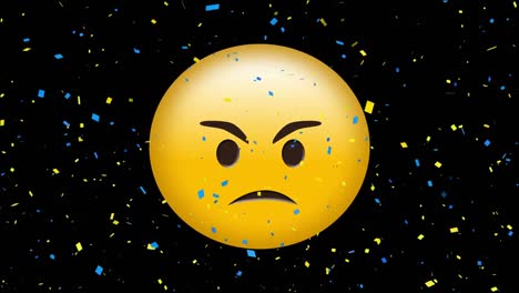 Animation-of-confetti-falling-over-angry-emoji,-on-black-background