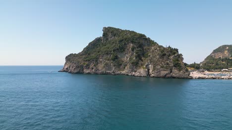 Amazing-Drone-Shot-Above-Ocean-Viewpoint-Reveals-Paleokastritsa-Monastery-in-Corfu,-Greece