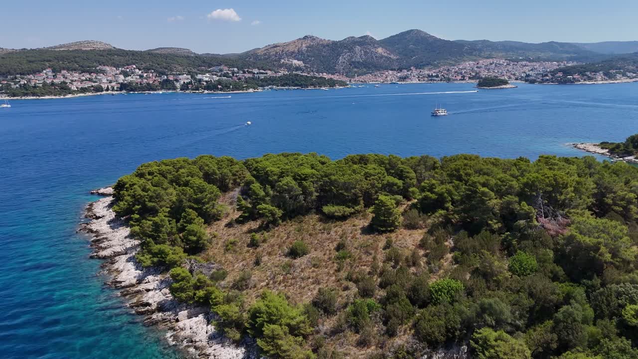 Aerial drone view of boats ships cruise sail sailing croatia adriatic sea yachts