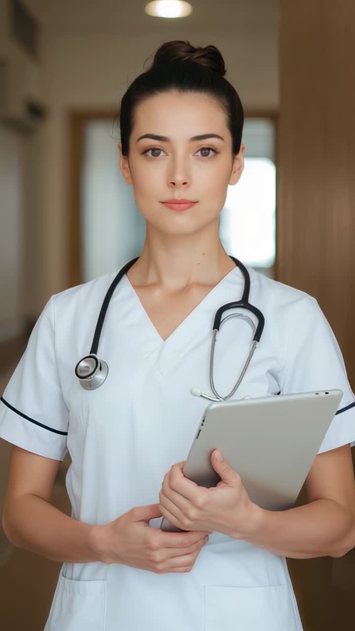 Vertical video: Starting with smile nurse in scrubs holding tablet in hallway, wearing stethoscope