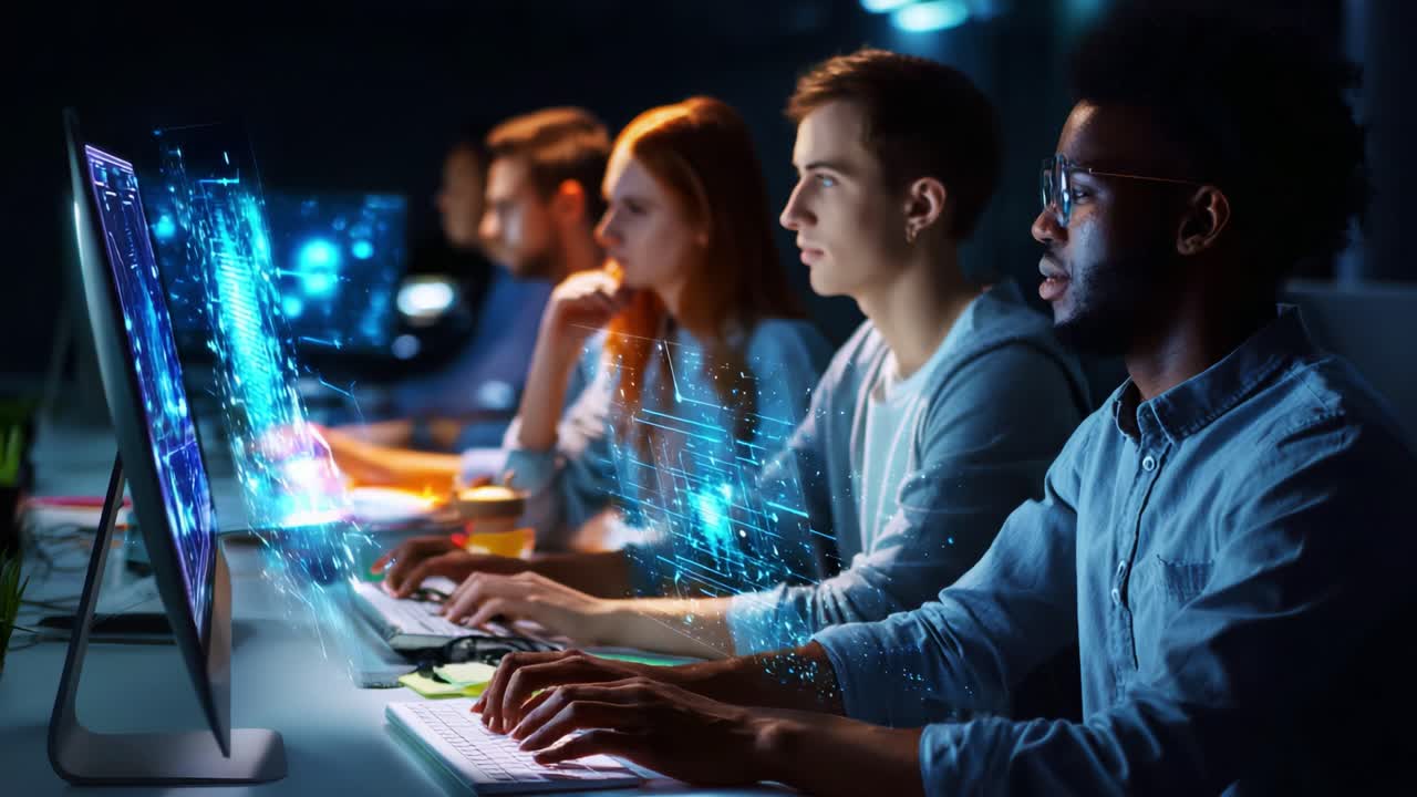 Focused individuals engaged in technology work, diligently interacting with futuristic computer interfaces, enhancing productivity through collaboration and innovation in a digital workspace environment