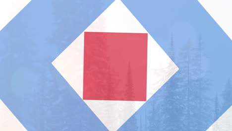 animación de formas en rojo, blanco y azul de la bandera de américa sobre el bosque de invierno en la nieve