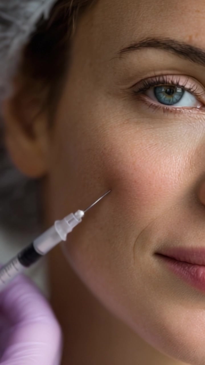 Primo piano del volto di una donna sottoposta a trattamento di iniezioni cosmetiche per migliorare il contorno del viso e ottenere un aspetto più giovanile in un ambiente simile a una spa.