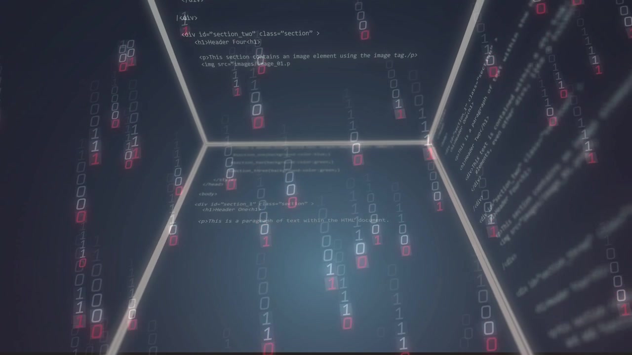 3D data chamber on code pulse, orbiting cam, seams glowing, binary tokens falling, visualizing data