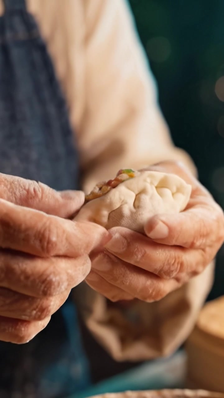Mastering the Art of Dumpling Making: A Craftsman Skillfully Prepares Filled Dumplings, Showcasing Traditional Techniques and Careful Attention to Detail.