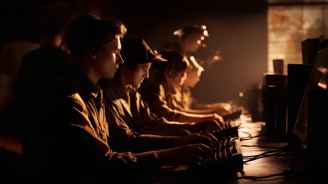 A group of individuals engaged in serious communication work, illuminated by soft light, each wearing headphones and focused on their respective tasks at detailed workstations