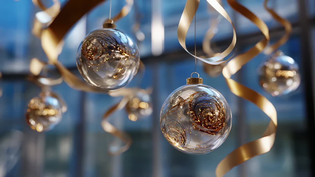 Elegant and Shimmering Christmas Ornaments with Spiral Design, Glistening in Soft Light, Perfectly Captured in a Festive Setting, Showcasing the Holiday Spirit and Celebratory Atmosphere