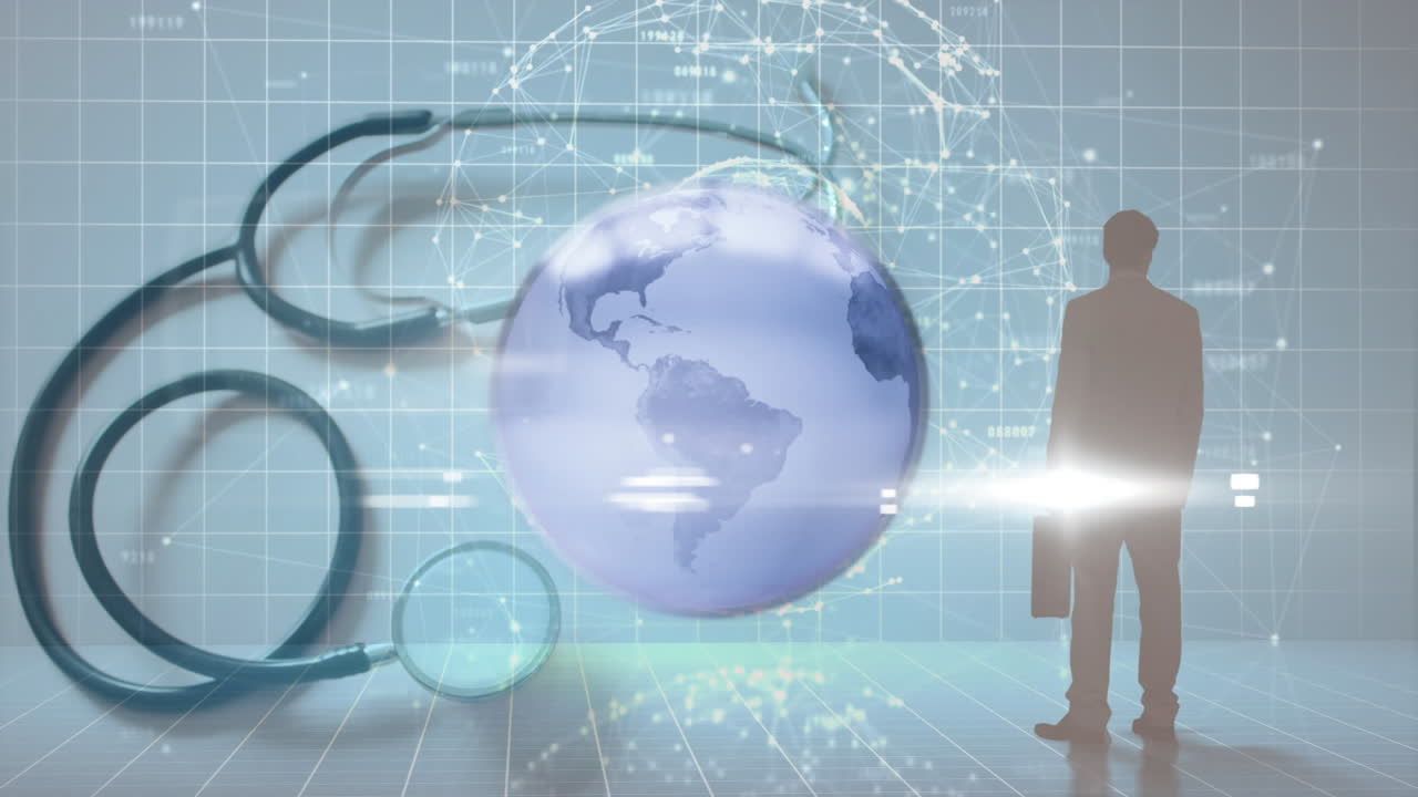 전 세계와 데이터 처리의 애니메이션 사업가 실루과 스테토스코프를 통해.