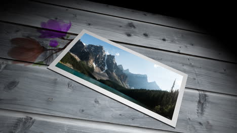 photograph of landscape with woods and mountains against floral print on wooden background