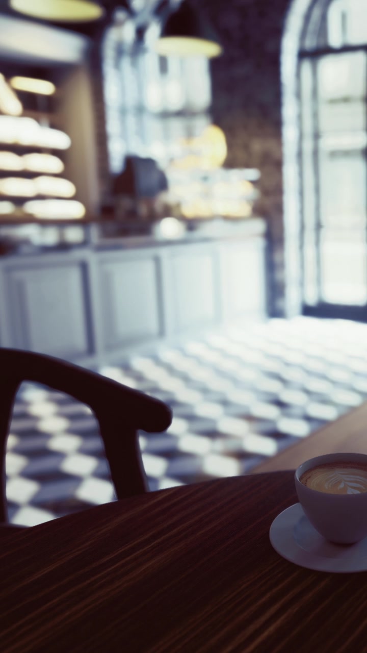Il caffè è su un tavolo in una caffetteria con pavimento piastrellato e illuminazione soffusa