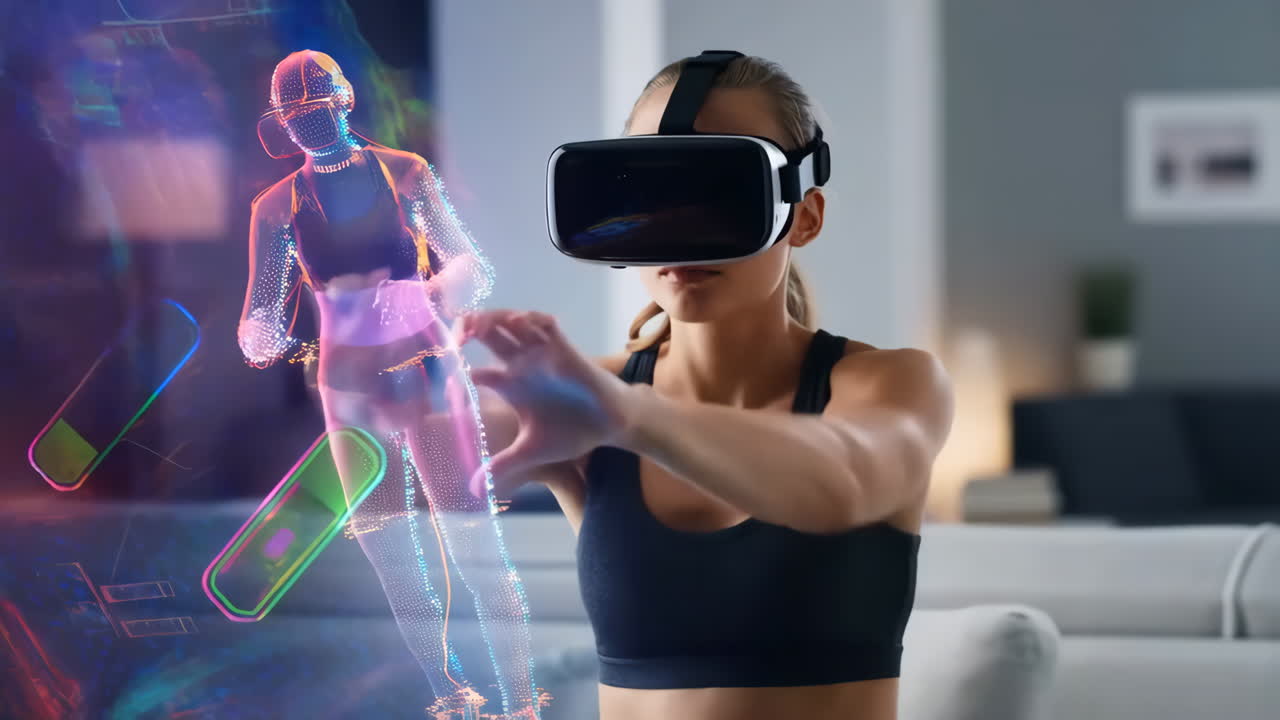Woman exercising with a virtual avatar in VR at home