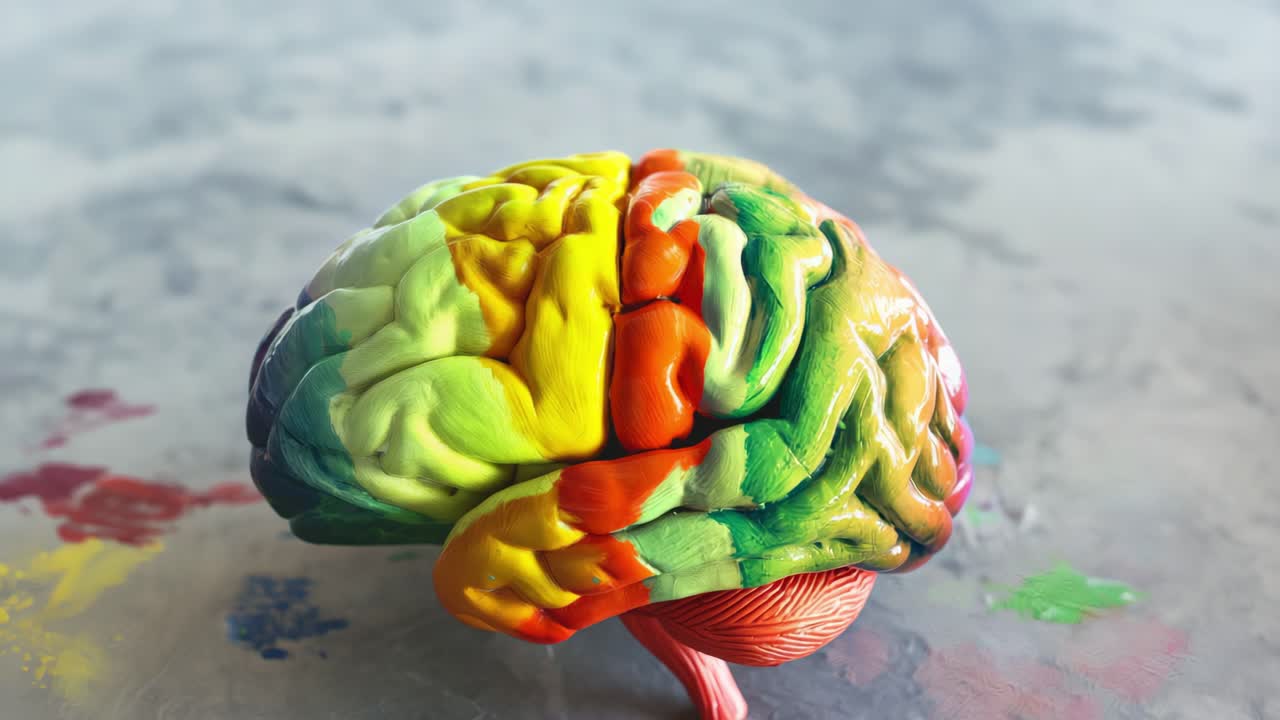 Colorful anatomical brain model in vibrant hues rotating slowly on white surface, demonstrating neurological complexity and intricate structural details of human cognition