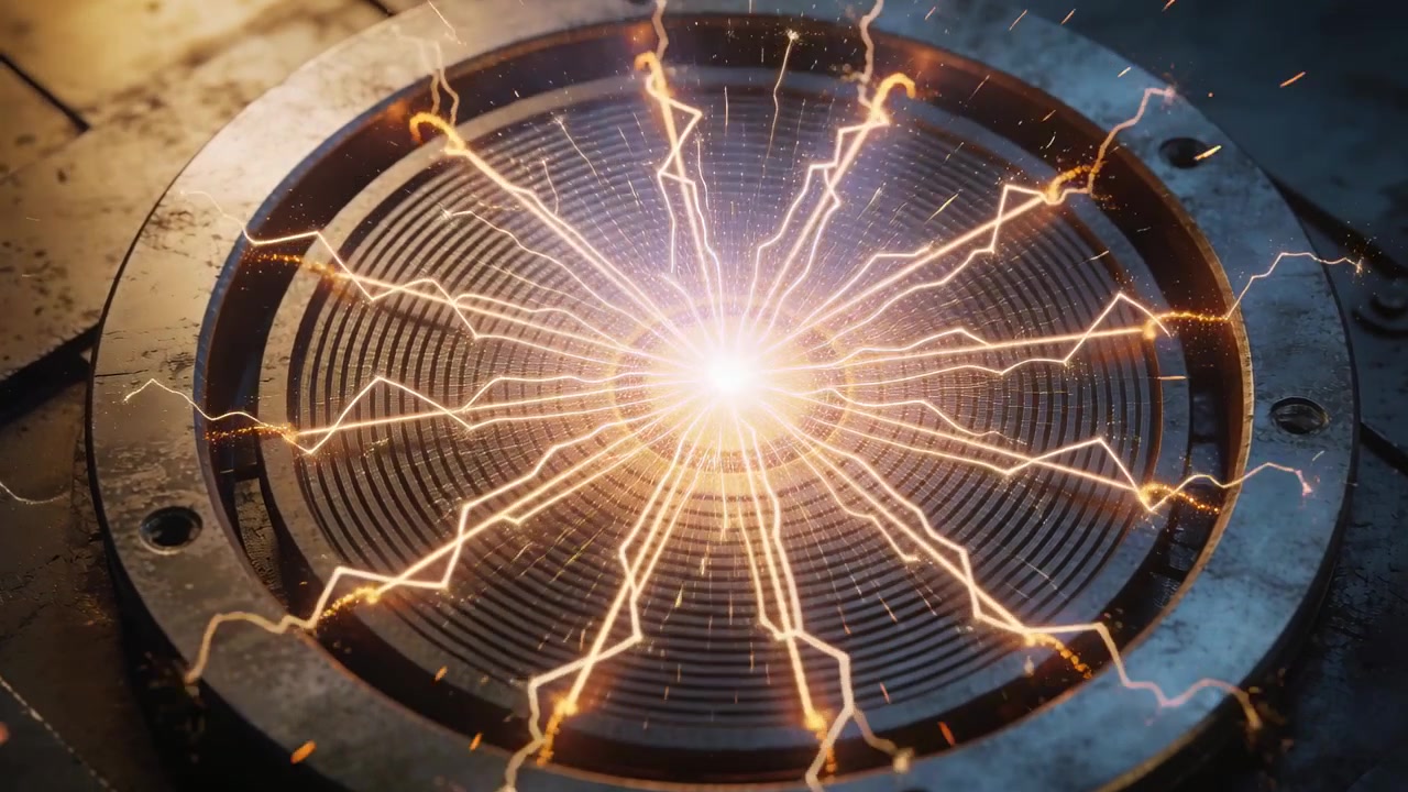 Energizing grooved coil assembly emitting orange arcs on bench, producing sparks for lab test