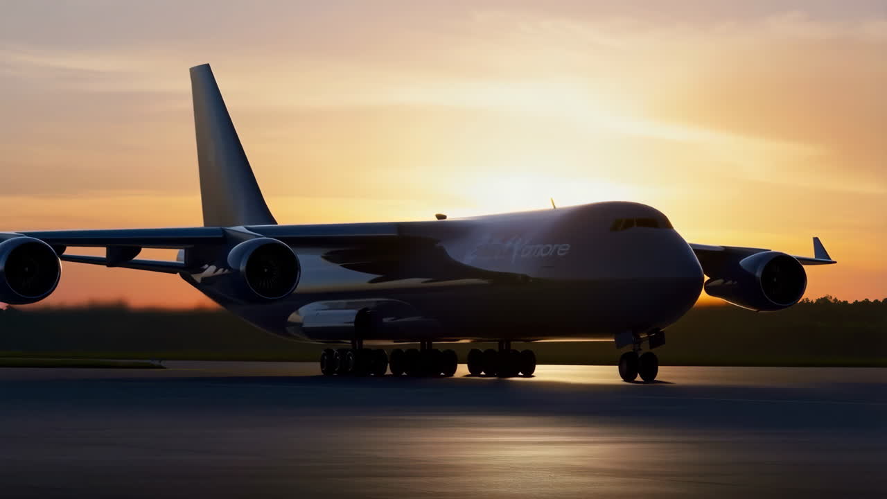Large airplane silhouetted against a golden sunset sky