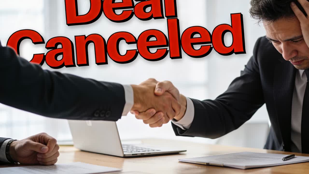 Extending left rep in suit reaching for handshake at desk after Deal Canceled overlay, saving deal