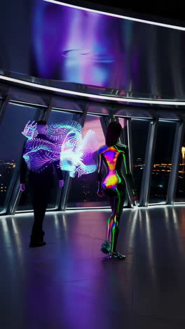 futuristic partnership in a cyber cityscape with evolving digital art