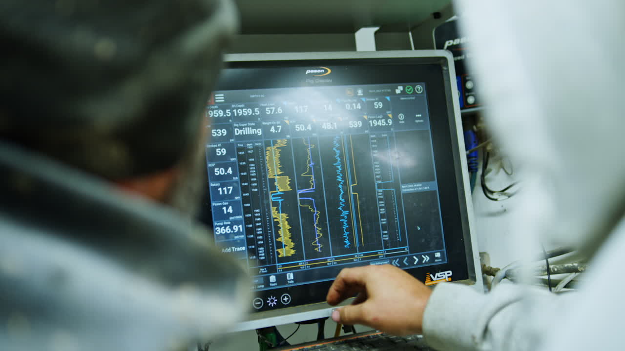 Two people stand at the computer managing the work of drilling equipment. Workers choose the parameters setting the machines.