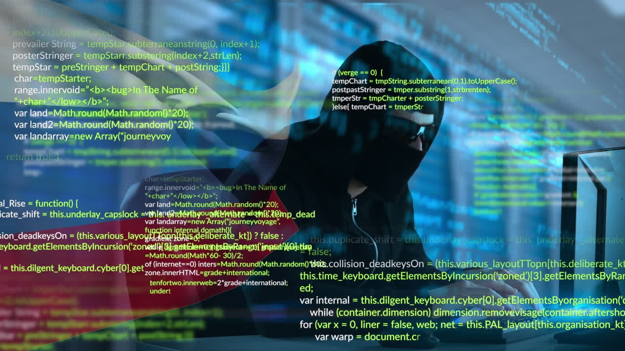 Animation of caucasian male hacker using laptop over data processing and flag of russia