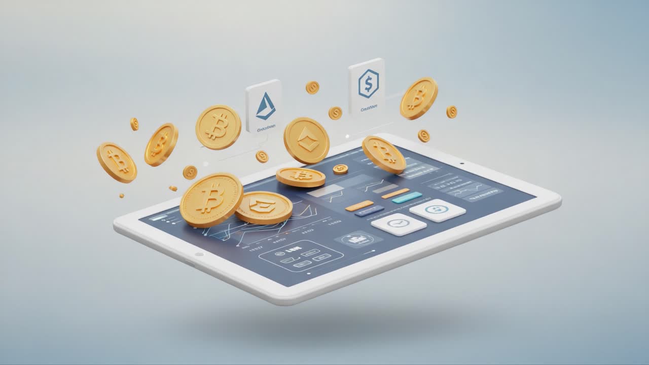 Digital Currency Revolution: A Dynamic Visualization of Cryptocurrency Coins Floating Above a User-Friendly Tablet Interface with Interactive Features and Analytics