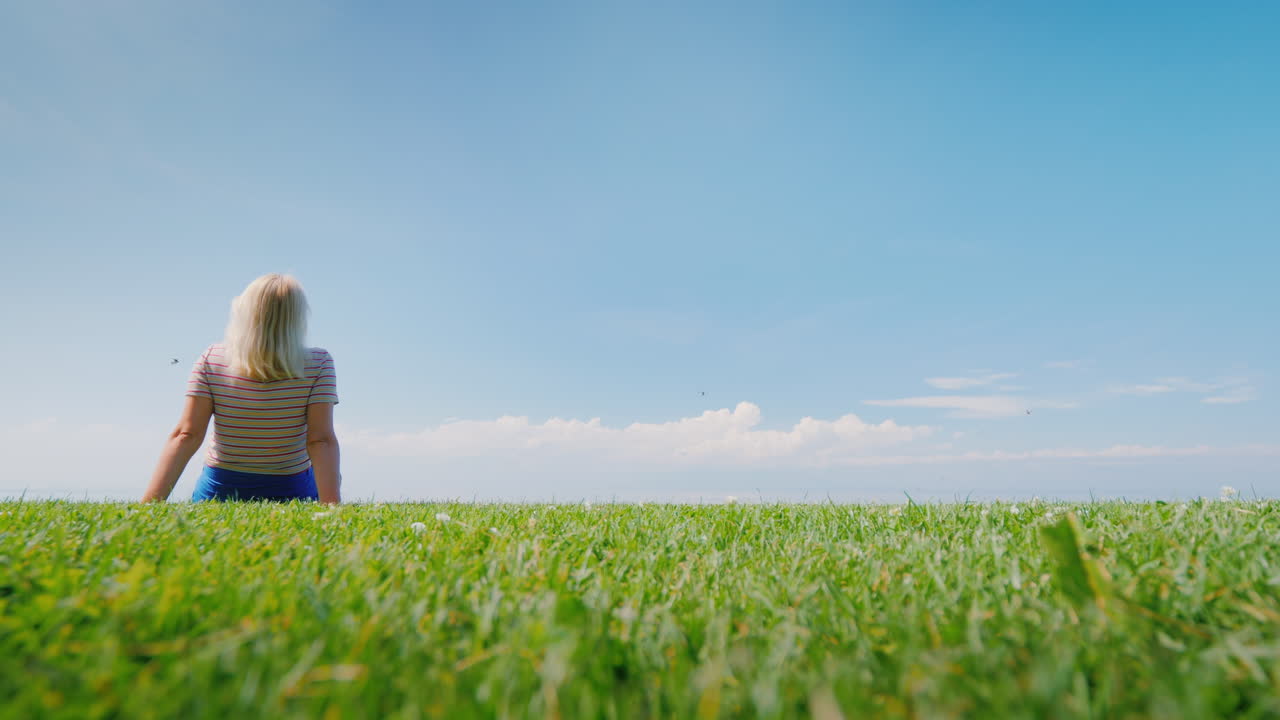 여자는 녹색 초원에 그림 같은 장소에 앉아 자연 속에서 이완