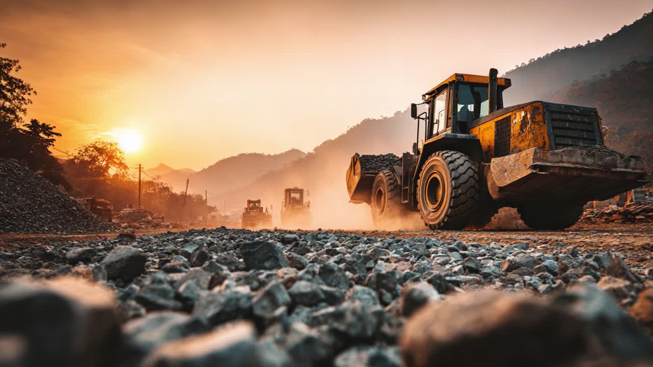 Heavy machinery operates at dusk, showcasing powerful construction vehicles working on a dusty terrain, surrounded by rocky paths and a scenic sunset backdrop