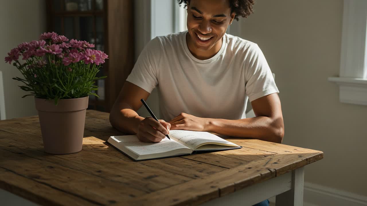 A Young Man Engaged in Creative Writing at a Rustic Table Surrounded by Flowers, Capturing a Moment of Reflection and Inspiration in a Cozy Atmosphere