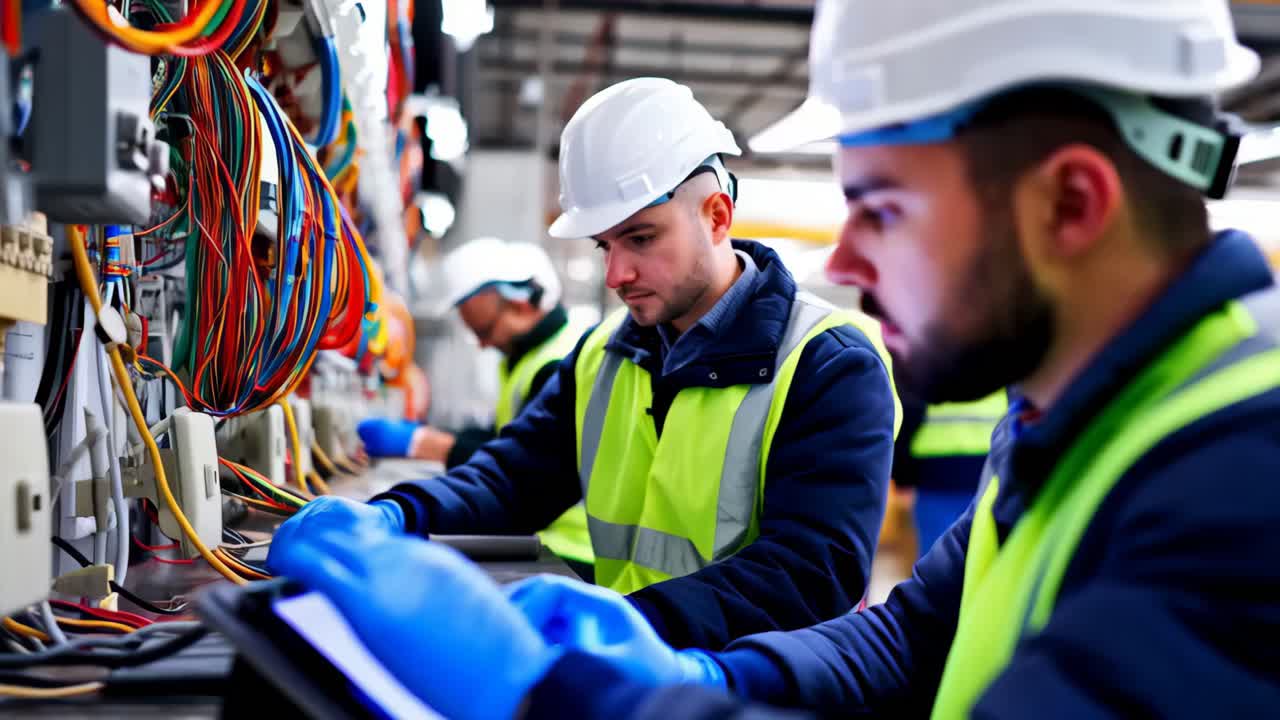 Two men in safety gear are working on a project. One of them is looking at a tablet