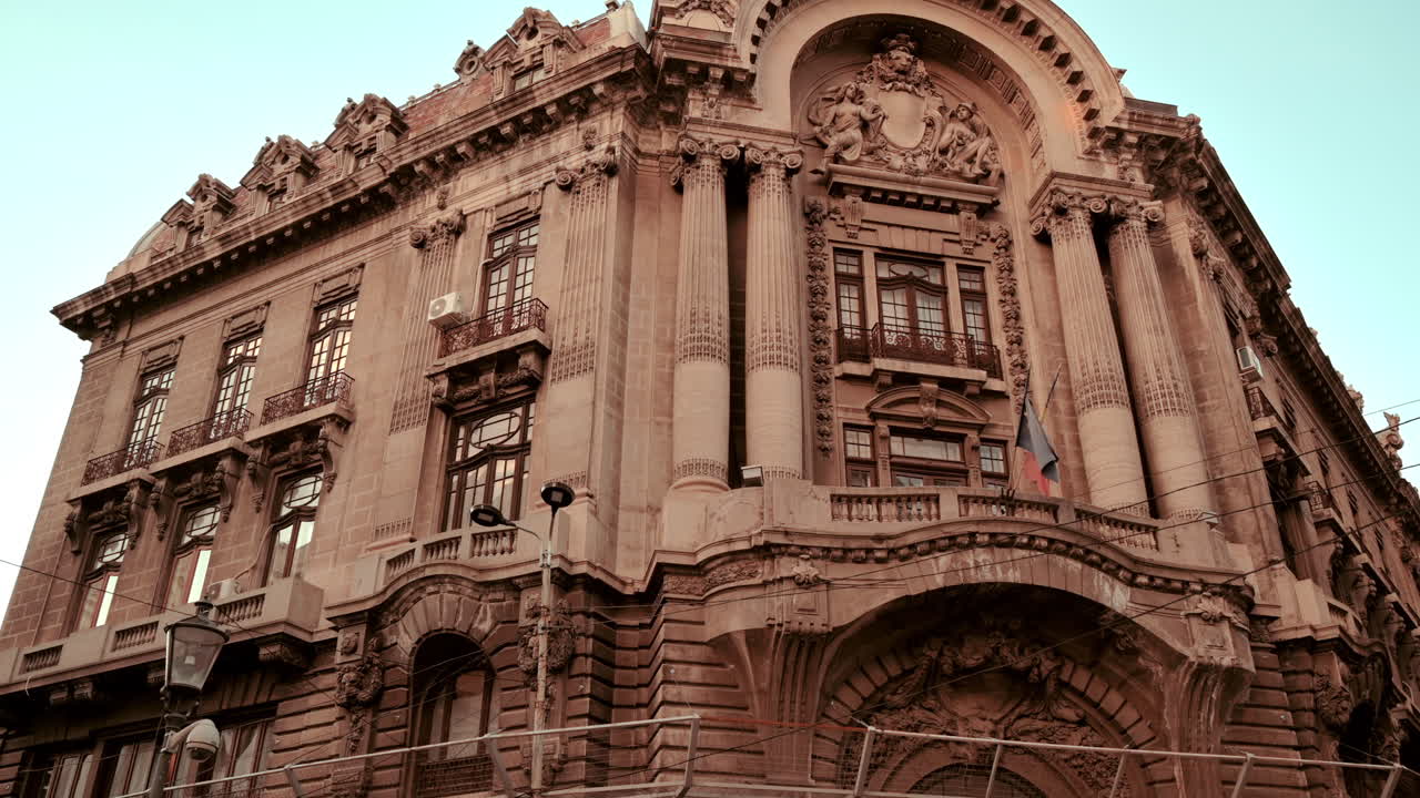 The facade of the Stock Exchange Palace in the Old Town of Bucharest, Romania