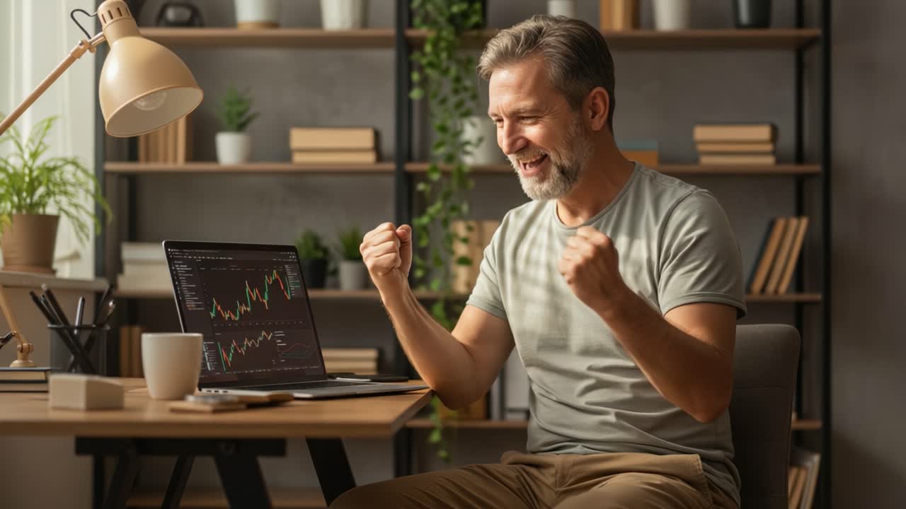 Victorious Moment: A Man Celebrates a Significant Achievement While Analyzing Financial Data on His Laptop in a Bright, Modern Home Office Environment