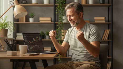 victorious moment: a man celebrates a significant achievement while analyzing financial data on his laptop in a bright, modern home office environment