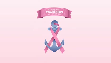 animation of pink ribbon anchor logo and breast cancer text appearing on pink background