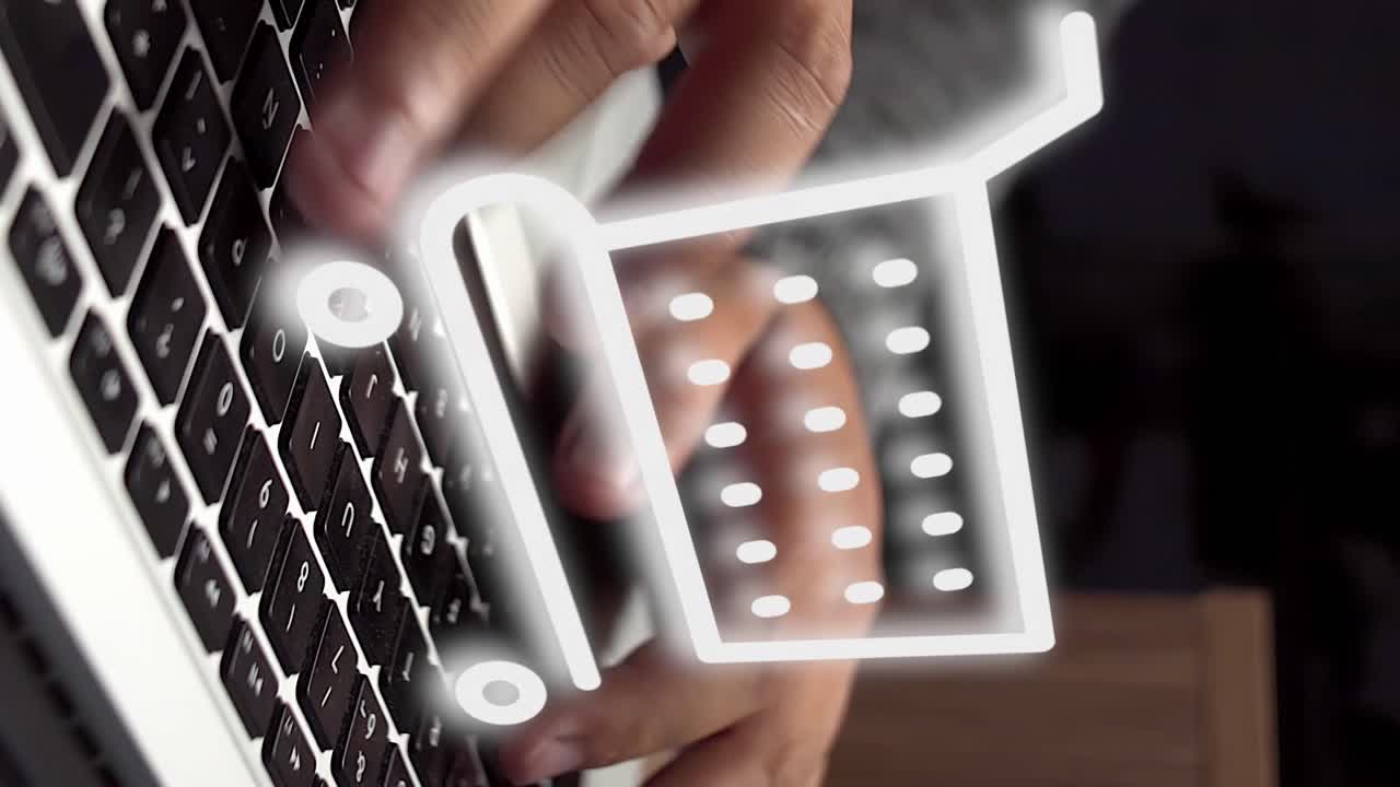 Shopping cart over hands typing on keyboard, vertical motion graphics