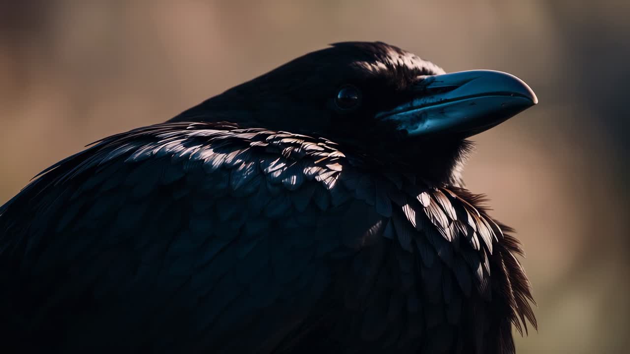Perching raven catching light as breeze ruffling feathers and turning head right amid golden grass
