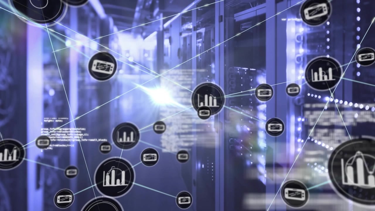 Animation of network of connections with icons over computer servers