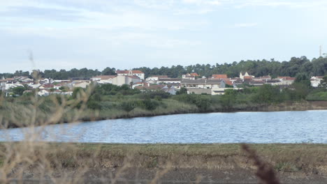 distant view of the village of saint-trojan-les-bains with the ocean flood protection basin, oleron island, france