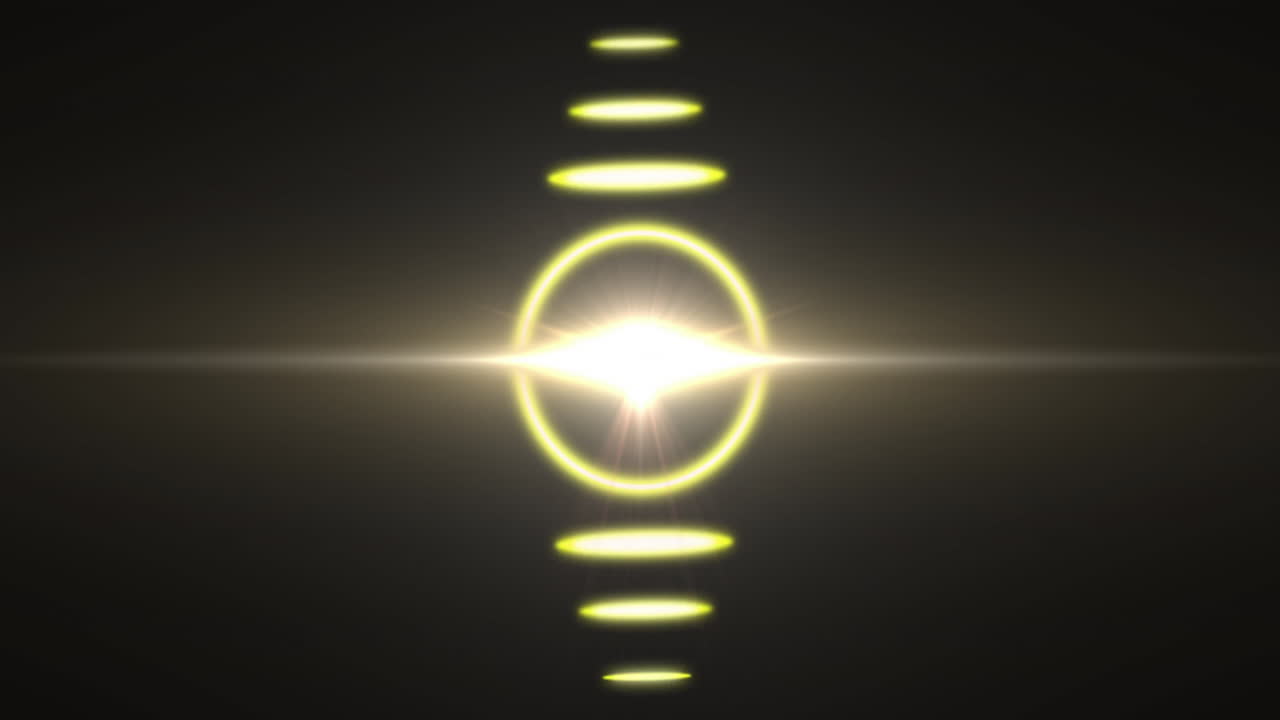 Animation showing glowing circular light with horizontal beams on dark background