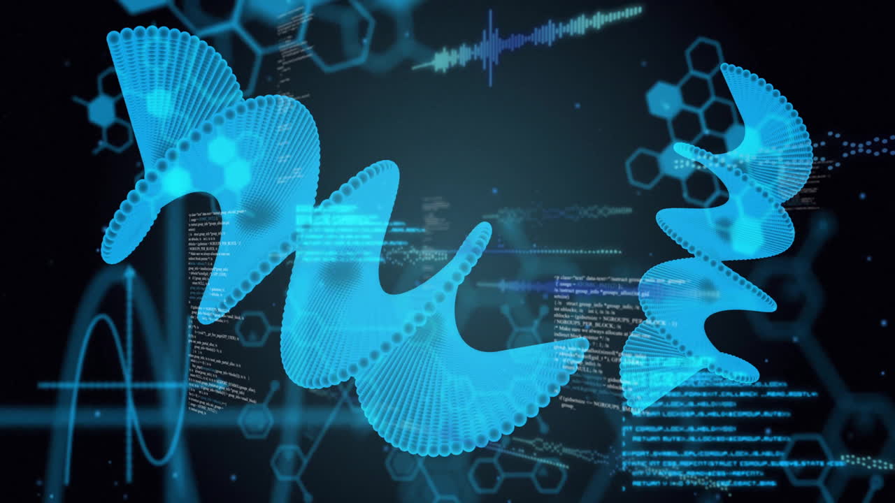 디지털 데이터 처리 및 검은 바탕에 dna 줄무의 애니메이션