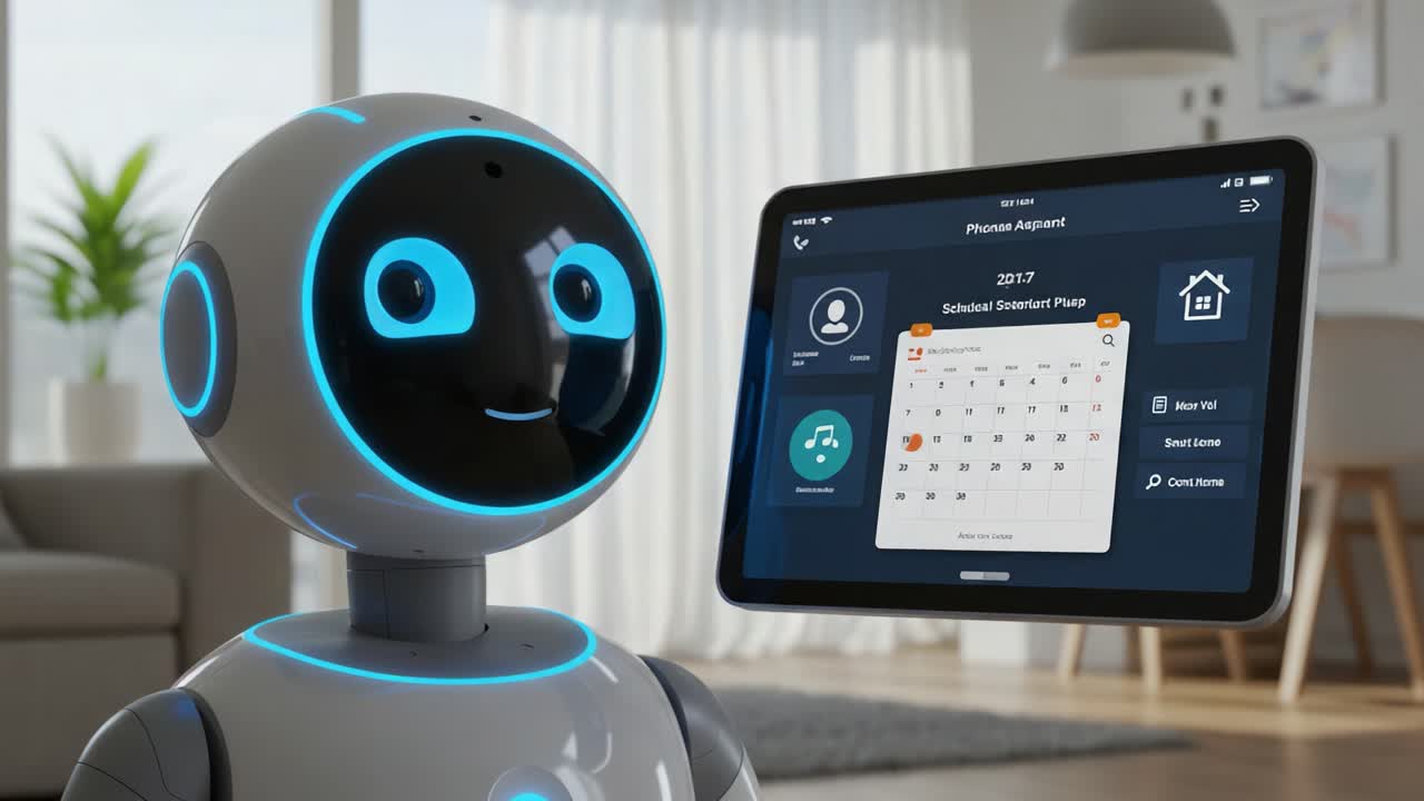 A Friendly Home Assistant Robot Interacting with a Smart Device, Demonstrating Advanced Communication and Scheduling Features for Everyday Convenience