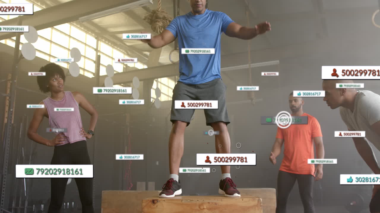 Animation of social media notifications over diverse group cross training at gym