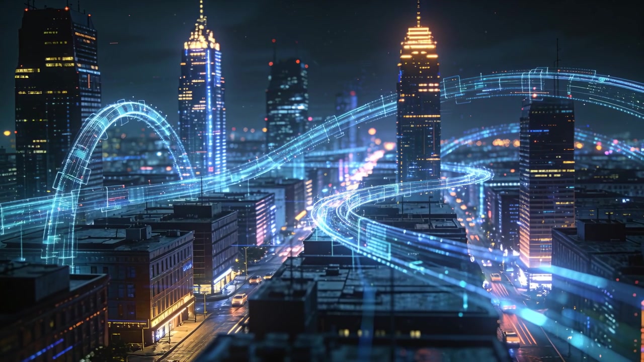 Nastri di luce blu animati che appaiono sul centro città di notte, formando un corridoio ad anello tra le torri.