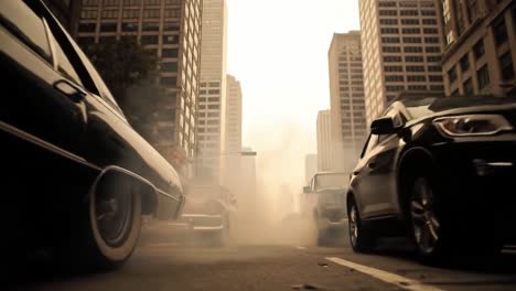 a cinematic view of a dusty urban street with classic cars amidst a dramatic fog, capturing a unique blend of nostalgia and modernity