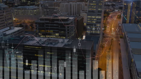 animation of financial data processing over cityscape