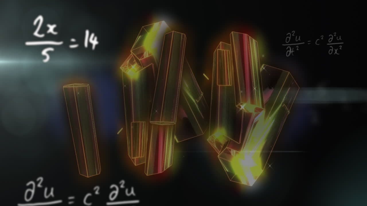 animación de patrones abstractos sobre el destello de la lente y ecuaciones matemáticas contra un fondo negro.