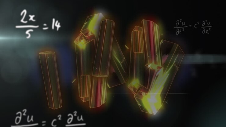 Animation of abstract pattern over lens flare and mathematical equations against black background
